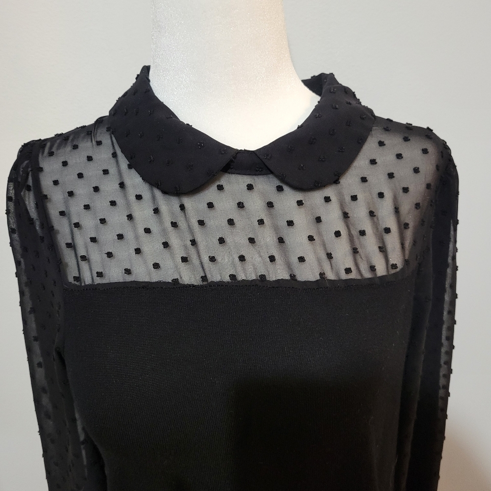 Adrianna Papell Babydoll Sheer Polka Dot Collared Black Long Sleeve Blouse | S - Picture 2 of 9